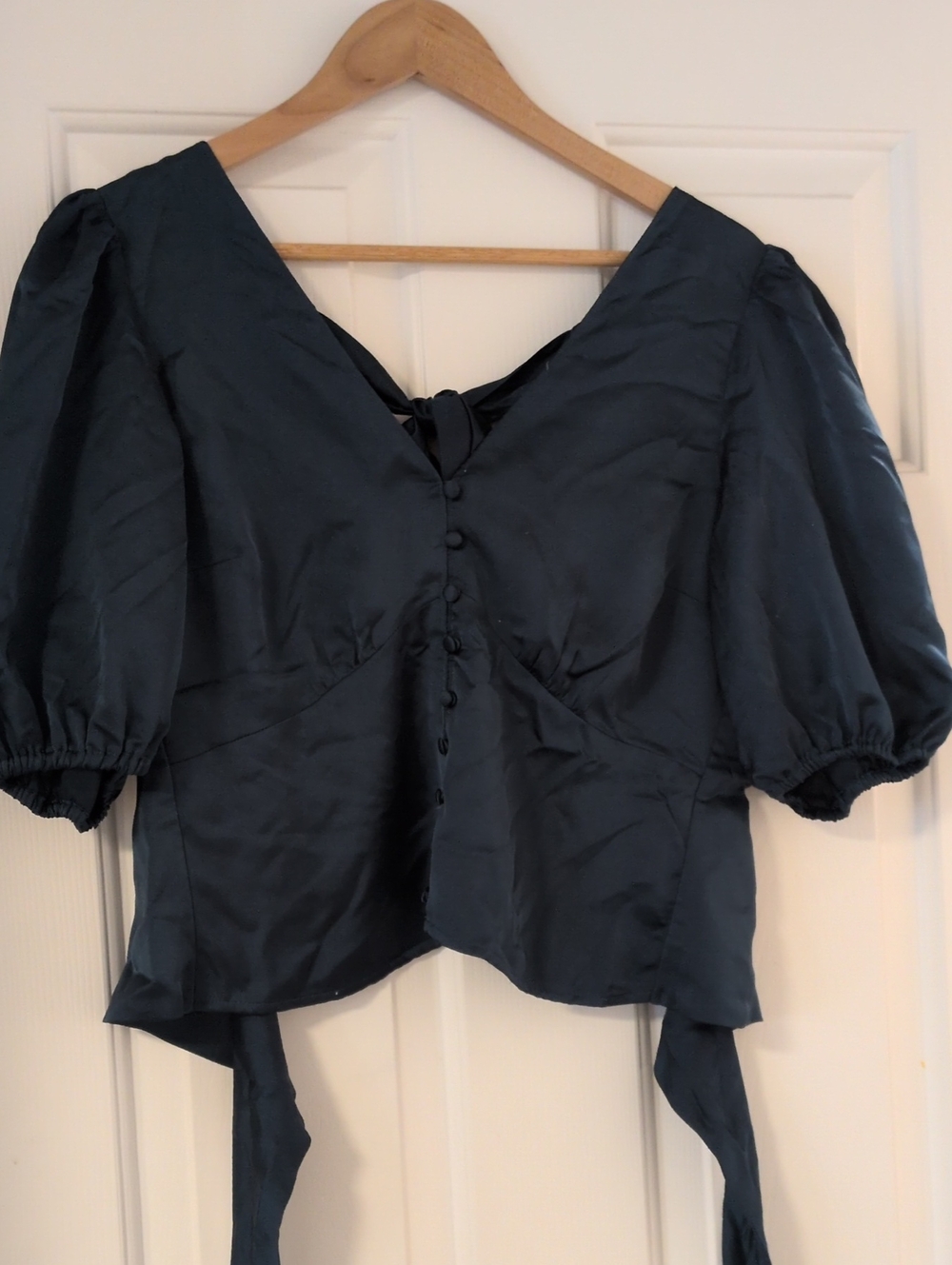 Abercrombie & Fitch Satin Teal Puff Sleeve Tie-Back Top Size M